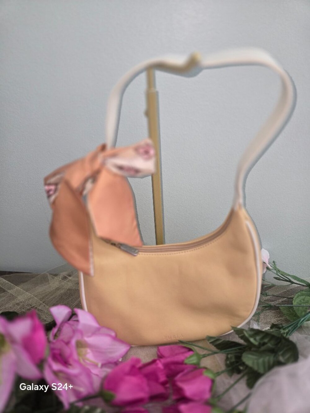 Furla Cream Leather Mini Hobo Shoulder Bag w/ Twilly Scarf Accent